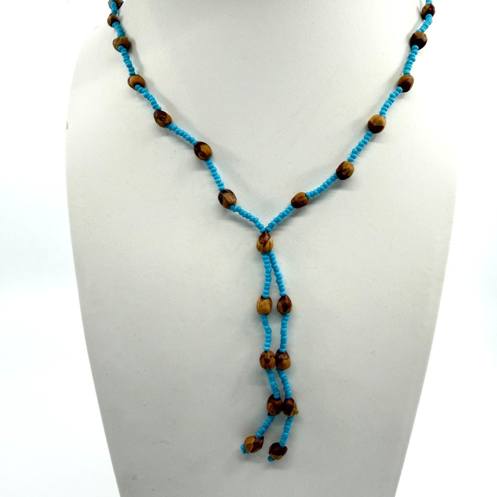Boho Blue Seed Bead Y-Necklace with Earthy Accents Statement Jewelry